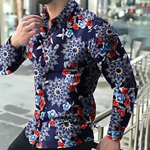 Men's Shirt Floral Graphic Color Block Print Long Sleeve Casual Tops Lightweight Fashion Tropical Hawaiian Black Navy Blue miniinthebox