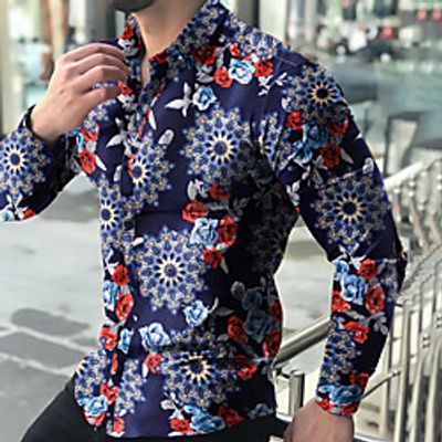 Men's Shirt Floral Graphic Color Block Print Long Sleeve Casual Tops Lightweight Fashion Tropical Hawaiian Black Navy Blue miniinthebox