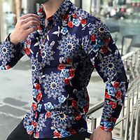Men's Shirt Floral Graphic Color Block Print Long Sleeve Casual Tops Lightweight Fashion Tropical Hawaiian Black Navy Blue miniinthebox - thumbnail