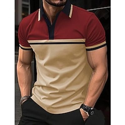 Men's Polo Shirt Button Up Polos Casual Holiday Lapel Short Sleeve Fashion Basic Color Block Patchwork Summer Regular Fit Khaki Polo Shirt Lightinthebox