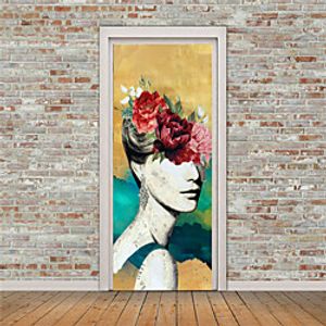 2pcs Self-adhesive Creative Door Sticker Rose Flower Woman Living Room Diy Decoration Home Waterproof Wall Sticker miniinthebox
