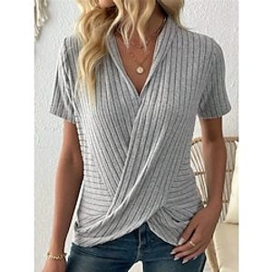 Women's Blouse Wrap Ribbed Plain Gray Criss Cross Short Sleeve Casual Going out Fashion Streetwear V Neck Regular Fit Summer Lightinthebox