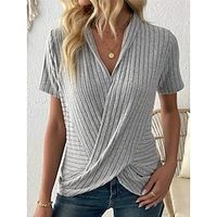 Women's Blouse Wrap Ribbed Plain Gray Criss Cross Short Sleeve Casual Going out Fashion Streetwear V Neck Regular Fit Summer Lightinthebox - thumbnail