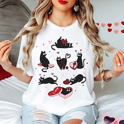 Women's T shirt Tee Cotton Heart Cat Valentine's Day Holiday White Short Sleeve Fashion Classic Round Neck Cute Black Cat Valentin's T-Shirt Cat Mom Cat Parent Cat Lover Valentines Day Playful Cats Lightinthebox