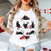 Women's T shirt Tee Cotton Heart Cat Valentine's Day Holiday White Short Sleeve Fashion Classic Round Neck Cute Black Cat Valentin's T-Shirt Cat Mom Cat Parent Cat Lover Valentines Day Playful Cats Lightinthebox - thumbnail