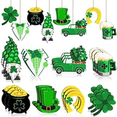 24pcs St. Patrick's Day Ornaments Wooden St. Patricks Day Decorations Lucky Hanging Ornament Hanging Wishes Craft for Tree Shamrock Wall Decoration 8 Styles Irish Horseshoes Lightinthebox