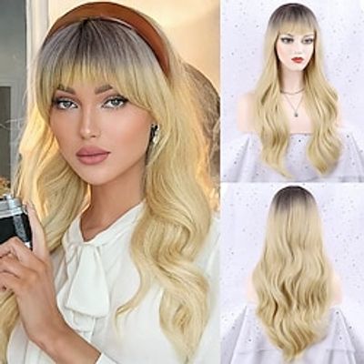 Blonde Wig with Bangs Long Blonde Ombre Wig Blonde Wavy Wigs for Women Blonde Heat Resistant Wigs for Daily Party Christmas Party Wigs miniinthebox
