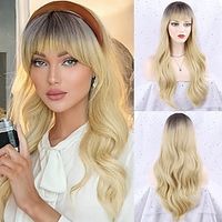 Blonde Wig with Bangs Long Blonde Ombre Wig Blonde Wavy Wigs for Women Blonde Heat Resistant Wigs for Daily Party Christmas Party Wigs miniinthebox - thumbnail