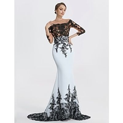 Mermaid Evening Gown Elegant Black Dress Masquerade Black Tie Colorblock Sweep  Brush Train Long Sleeve Jewel Neck Chiffon with Appliques 2023 Lightinthebox