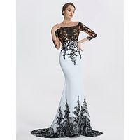 Mermaid Evening Gown Elegant Black Dress Masquerade Black Tie Colorblock Sweep  Brush Train Long Sleeve Jewel Neck Chiffon with Appliques 2023 Lightinthebox - thumbnail