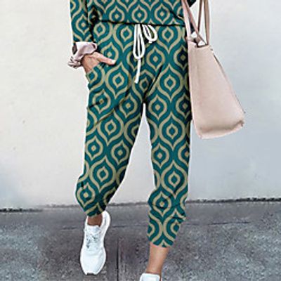 Women's Basic Soft Comfort Going out Gym Palazzo Pants Geometric Pattern Full Length Pocket Elastic Drawstring Design Print Green Lightinthebox