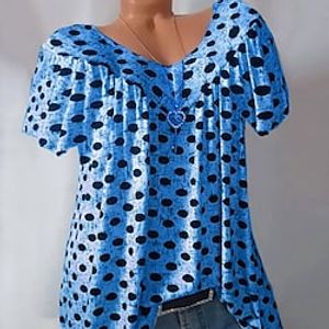 Women's Plus Size Curve Tops Blouse T shirt Polka Dot Print Short Sleeve V Neck Streetwear Daily Vacation Polyester Spring Summer Green White Lightinthebox