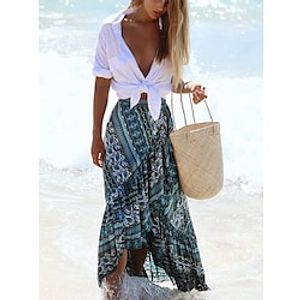 Women's Skirt Long Skirt Maxi Polyester Red Blue Skirts Ruffle Split Ends Print coastalgrandmastyle Boho Summer Holiday Beach One-Size Lightinthebox