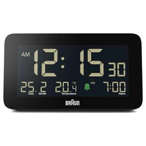 Braun Digital Alarm Clock BC10B, LCD Display, Date & Month Display, Crescendo Alarm, Indoor Temperature Display, 5 Min Touch Snooze, Auto-Brightness Display, 10 Sec Backlight With Delay, 2 Year Guarantee, Black