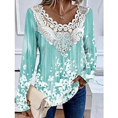 Women's Shirt Blouse Floral Purple Green Khaki Print Lace Patchwork Long Sleeve Casual Fashion Round Neck Regular Fit Spring   Fall Lightinthebox