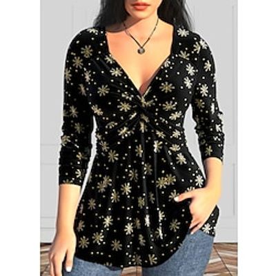 Christmas Shirt Women's T shirt Tee Velvet Snowflake Black Flowing tunic Print Long Sleeve Party Christmas Weekend Festival  Holiday V Neck Regular Fit Spring   Fall Lightinthebox