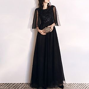 A-Line Glittering Elegant Wedding Guest Formal Evening Dress Jewel Neck Long Sleeve Floor Length Tulle with Pleats Beading Sequin 2021 Lightinthebox