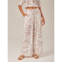 Artistic Print Elastic Tie Waist Linen-Like Fabric Wide-Leg Pants