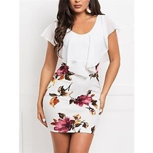 Women's Casual Dress Bodycon Floral Print Ruffle V Neck Mini Dress Streetwear Work Street Short Sleeve Regular Fit White Navy Blue Summer S M L XL 2XL Lightinthebox
