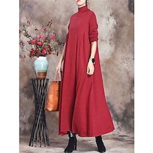 Women's Sweater Dress Casual Dress Winter Dress Long Dress Maxi Dress Ruched Outdoor Street Daily Fashion Streetwear Turtleneck Long Sleeve 2023 Loose Fit Black Red Fuchsia Color One-Size Size Lightinthebox