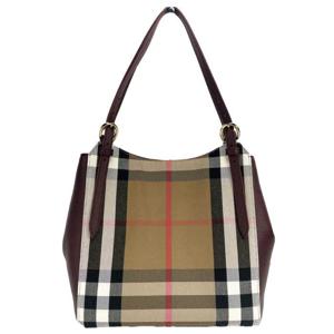 Burberry Small Canterby Mahogany Leather Check Canvas Tote Bag Purse - 90518