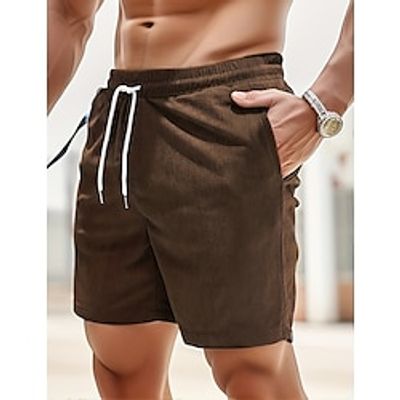 Men's Summer Shorts Beach Shorts Corduroy Shorts Sports Going out Weekend Breathable Running Casual Pocket Drawstring Elastic Waist Plain Knee Length Gymnatics Activewear Black Coffee Micro-elastic Lightinthebox