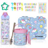 Eazy Kids 4 Compartment Bento Lunch Box With 2 In1 Tritan Water Bottle And Steel Food Jar Unicorn - Blue