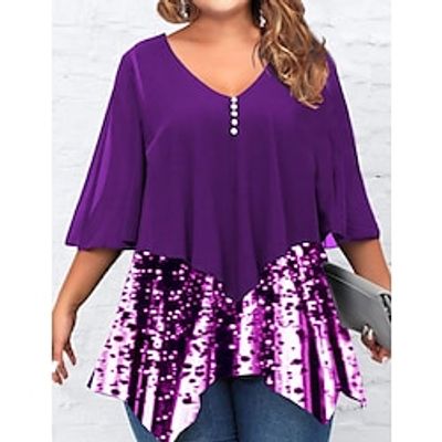 Women's Plus Size Tops Blouse Color Gradient 34 Length Sleeve V Neck Casual Vacation Weekend Polyester Fall Winter Purple Lightinthebox