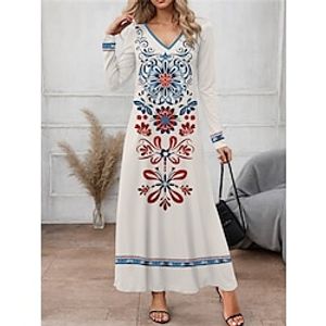 Women's Casual Dress SpringDress Floral Print V Neck Long Dress Maxi Dress Streetwear Maxi Street Vacation Long Sleeve Loose Fit White Blue Fuchsia Spring S M L XL 2XL Lightinthebox