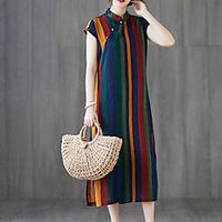 Women's Shift Dress Midi Dress Navy Blue Sleeveless Striped Split Button Print Spring Summer Stand Collar Elegant Vintage Traditional 2021 M L XL XXL miniinthebox - thumbnail