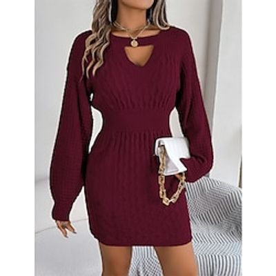 Women's Sweater Dress Winter Dress Jumper Dress Mini Dress Active Pure Color Outdoor Casual Holiday Vacation Crew Neck Long Sleeve Cut Out 2023 Loose Fit Wine khaki Gray S M L Lightinthebox