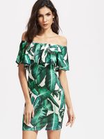 Sexy Leaves Print Off-shoulder Flouncing Short Sleeve Women Mini Dress