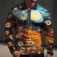 Floral Oil Painting Men's Vintage Print 3D Waffle Polo Shirt Golf Polo Outdoor Casual Daily Streetwear Polyester Long Sleeve Turndown Zip Polo Shirts Yellow Red Spring S M L Micro-elastic Lapel Polo Lightinthebox - thumbnail