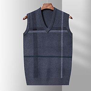 Men's Sweater Vest Wool Sweater Pullover Sweater Jumper Ribbed Knit Regular Knitted Jacquard Striped V Neck Modern Contemporary Work Daily Wear Clothing Apparel Winter Dark Navy Khaki S M L Lightinthebox