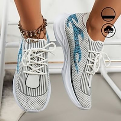 Women's Blue Flame Graphic Print White Breathable, Lightweight and Delicate Lace-up Fly Knit Sneakers Lightinthebox