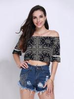 Women Sexy Floral Print Slash Neck Crop Top - thumbnail