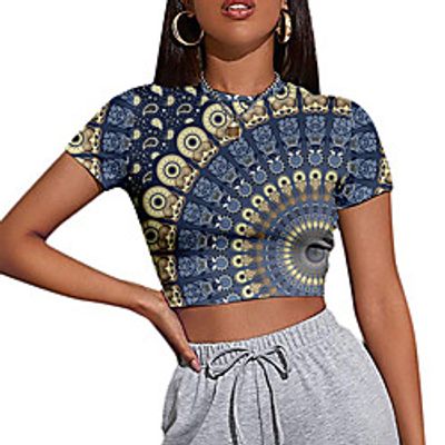 Women's Bohemian Theme Crop Tshirt Graphic Geometric Print Round Neck Tops Basic Boho Basic Top Blue Wine Rainbow Lightinthebox