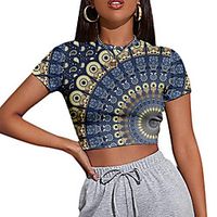 Women's Bohemian Theme Crop Tshirt Graphic Geometric Print Round Neck Tops Basic Boho Basic Top Blue Wine Rainbow Lightinthebox - thumbnail