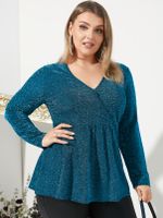 YOINS Plus Size V-neck Glitter Wrap Design Long Sleeves Blouse - thumbnail