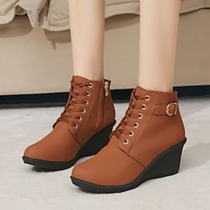 Women's Boots Platform Boots Plus Size Height Increasing Shoes Daily Booties Ankle Boots Buckle Platform Wedge Heel Round Toe Casual Comfort PU Lace-up Solid Color Wine Black Brown miniinthebox