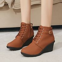 Women's Boots Platform Boots Plus Size Height Increasing Shoes Daily Booties Ankle Boots Buckle Platform Wedge Heel Round Toe Casual Comfort PU Lace-up Solid Color Wine Black Brown miniinthebox - thumbnail