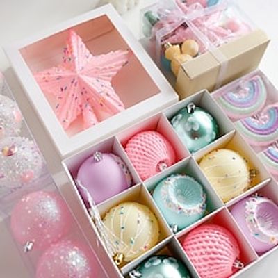 Macaron Colorful Christmas Baubles Ball Candy Set Box Pink Christmas Tree Top Star Christmas Decoration Holiday Gift miniinthebox