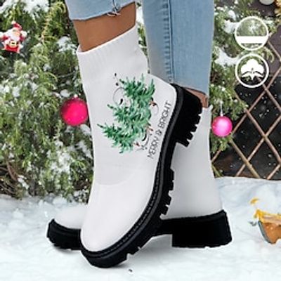 Women's Boots Print Shoes Xmas Shoes Sock Boots Christmas Xmas Daily Christmas Tree Mid Calf Boots Winter Flat Heel Round Toe Closed Toe Fashion Casual Comfort Tissage Volant Loafer Blue Green miniinthebox