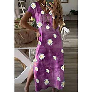 Women's Shift Dress Maxi long Dress Purple Yellow Black Red Short Sleeve Floral Print Summer Round Neck Casual Loose 2021 S M L XL XXL 3XL miniinthebox