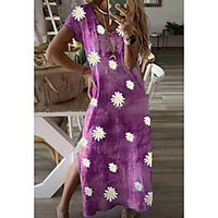 Women's Shift Dress Maxi long Dress Purple Yellow Black Red Short Sleeve Floral Print Summer Round Neck Casual Loose 2021 S M L XL XXL 3XL miniinthebox - thumbnail