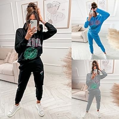 Women's Hoodie Tracksuit Pants Sets Graphic Letter Black Blue Gray Drawstring Print Long Sleeve Outdoor Casual Active Sports Hooded Regular Fit Spring   Fall Lightinthebox
