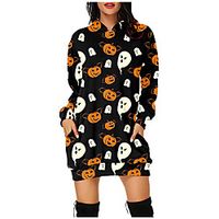 Women's Pullover Hoodie Sweatshirt Hoodie Dress Halloween Pumpkin Print Halloween Casual 3D Print Streetwear Halloween Hoodies Sweatshirts  Purple Yellow Orange miniinthebox - thumbnail