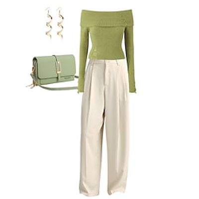 Set with Off Shoulder Frayed Rib Knit Long Sleeve Top High Waisted Wide Leg Pants Drop Earrings Crossbody Wallet Mobile Phone Bag Women's 5 PCS Casual Daily Outfits Spring Elegant Daily Going out Lightinthebox