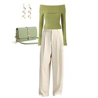 Set with Off Shoulder Frayed Rib Knit Long Sleeve Top High Waisted Wide Leg Pants Drop Earrings Crossbody Wallet Mobile Phone Bag Women's 5 PCS Casual Daily Outfits Spring Elegant Daily Going out Lightinthebox - thumbnail
