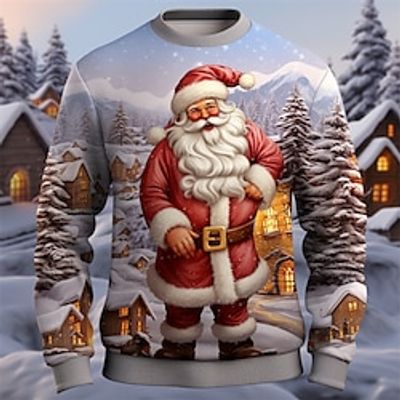 Graphic Santa Claus Fashion Daily Casual Men's 3D Print Pullover Sweatshirt Christmas Holiday Vacation Sweatshirts Sky Blue Crew Neck Print Spring   Fall Designer Lightinthebox